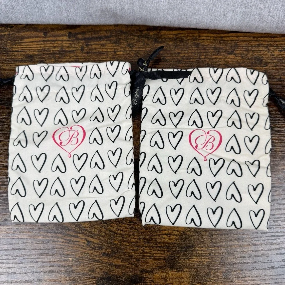 Lot Of 2 Vintage BRIGHTON Bag Black White Medium Hearts Drawstring Jewelry Pouch